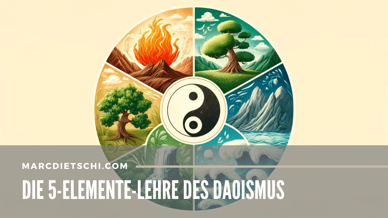 Darstellung der fünf Elemente der 5-Elemente-Lehre des Daoismus – Holz, Feuer, Erde, Metall und Wasser – in einem harmonischen Kreis, umgeben von natürlichen Farben und einem Yin-Yang-Symbol in der Mitte.