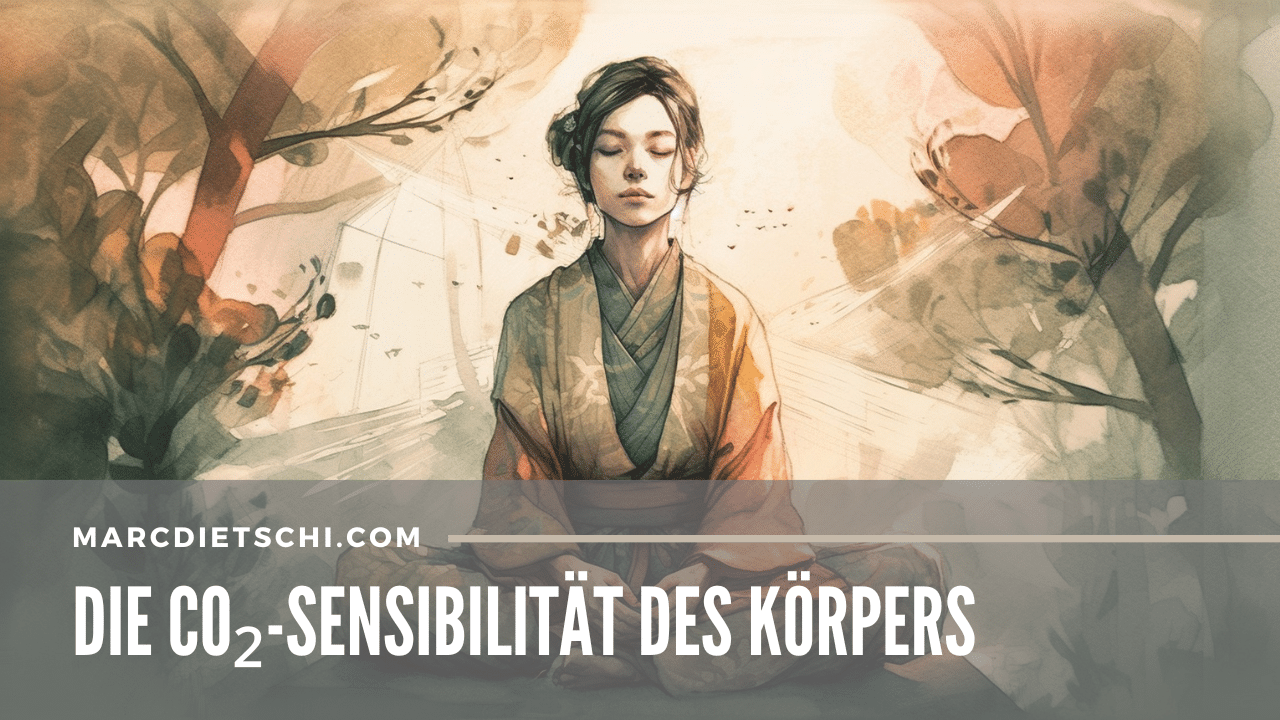 Auf dem gezeichneten Bild, welches die Überschrift CO₂-Sensibilität des Körpers trägt, ist eine Person zu sehen, die zwischen 2 Bäumen sitzt. Der Hintergrund ist schlicht, um die Aufmerksamkeit auf die junge Frau und ihre Atmung zu lenken.