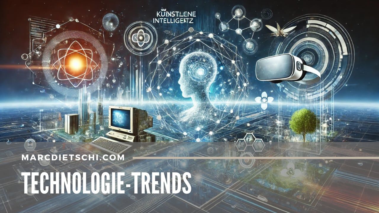 Futuristisches Bild mit Symbolen für KI, Virtual Reality, Quantum Computing und nachhaltige Technologien in kühlen Blau-, Grün- und Silbertönen.