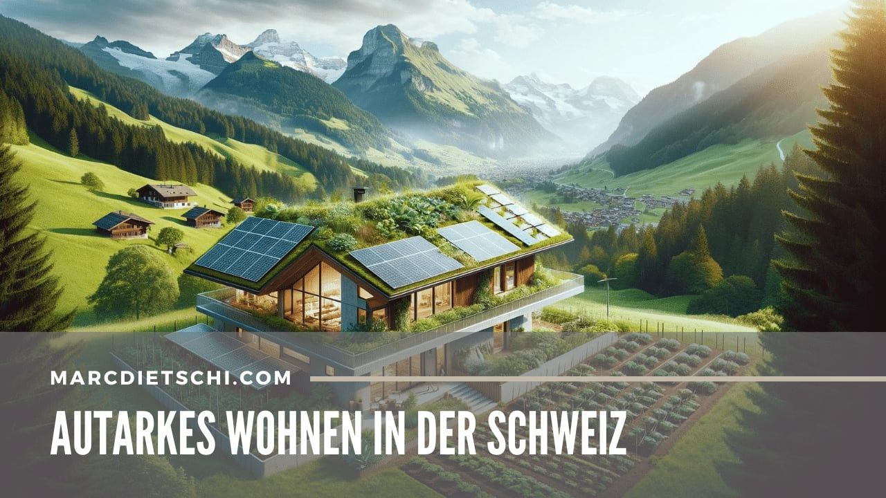 Ein modernes, umweltfreundliches Haus in der Schweiz mit Solarmodulen und grünem Dach, umgeben von einem Permakulturgarten, vor dem Hintergrund der Schweizer Alpen.