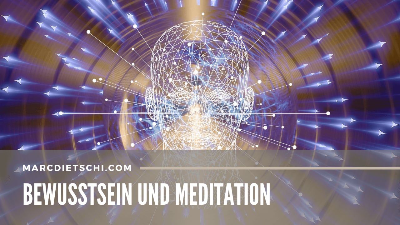 Das Bewisstsein des Menschen in moderner abstrakter Form dargestellt. Überschrift: Bewusstsein und Meditation