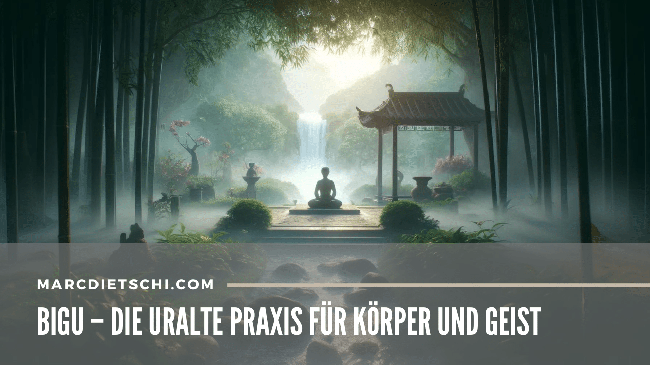 Serene meditation scene symbolizing Bigu practice with a figure in traditional meditation pose in a tranquil garden, surrounded by bamboo and a small waterfall, evoking peace and harmony.