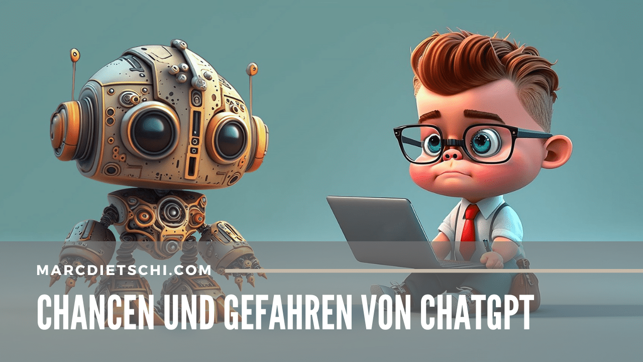 Ein Bild, das einen Roboter und einen kleinen Jungen mit einer Brille zeigt, die nebeneinander sitzen und auf einen Laptopbildschirm schauen. Der Roboter ist im Stil einer freundlichen, kindlichen Maschine gestaltet, während der Junge ein besorgtes, nachdenkliches Gesicht macht. Über dem Bild steht 'CHANCEN UND GEFAHREN VON CHATGPT', was auf eine Diskussion oder Analyse der Potenziale und Risiken künstlicher Intelligenz und speziell der Chatbot-Technologie hinweist.