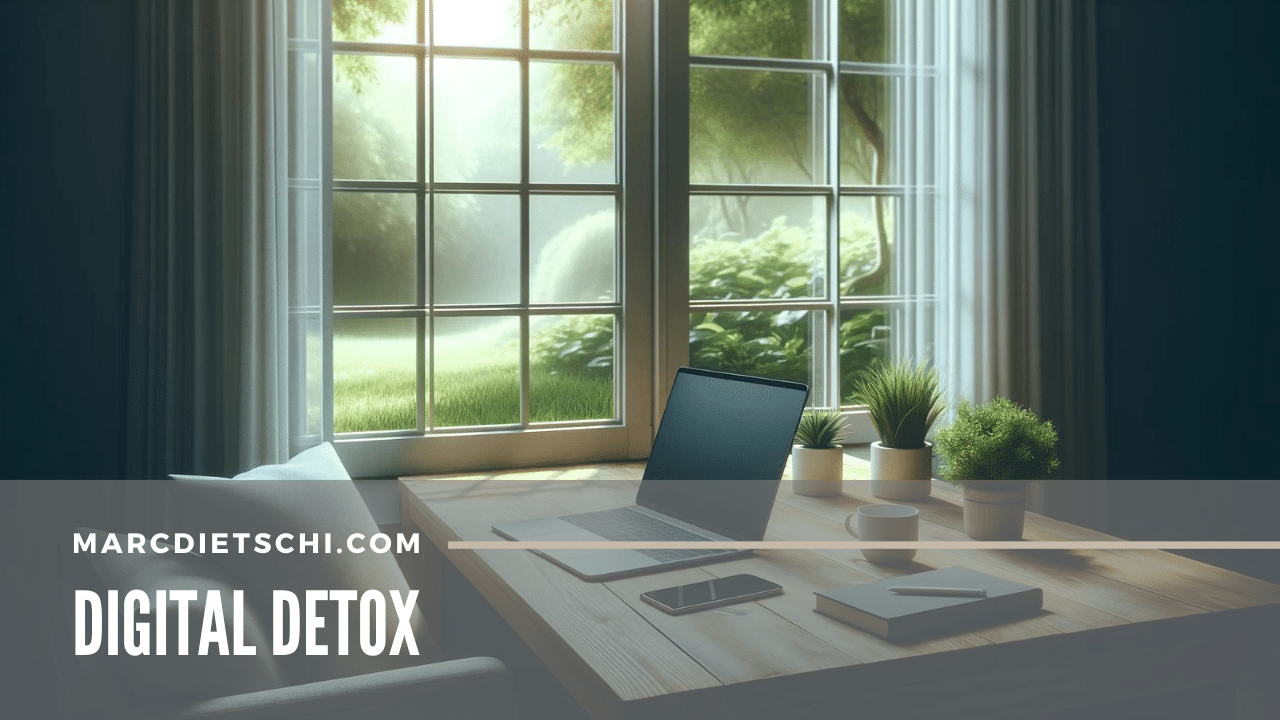 Minimalistisches Home-Office mit geschlossenem Laptop und nach unten gedrehtem Smartphone auf einem Schreibtisch. Ein Fenster bietet einen Blick auf einen üppigen Garten, was Entspannung und digitale Entgiftung symbolisiert.