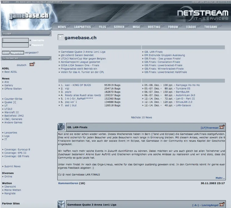 Gamebase.ch, mein erster grosser Online-Erfolg: die Startseite Ende 2003 mit News, LAN-Partys, Liga und Forum.