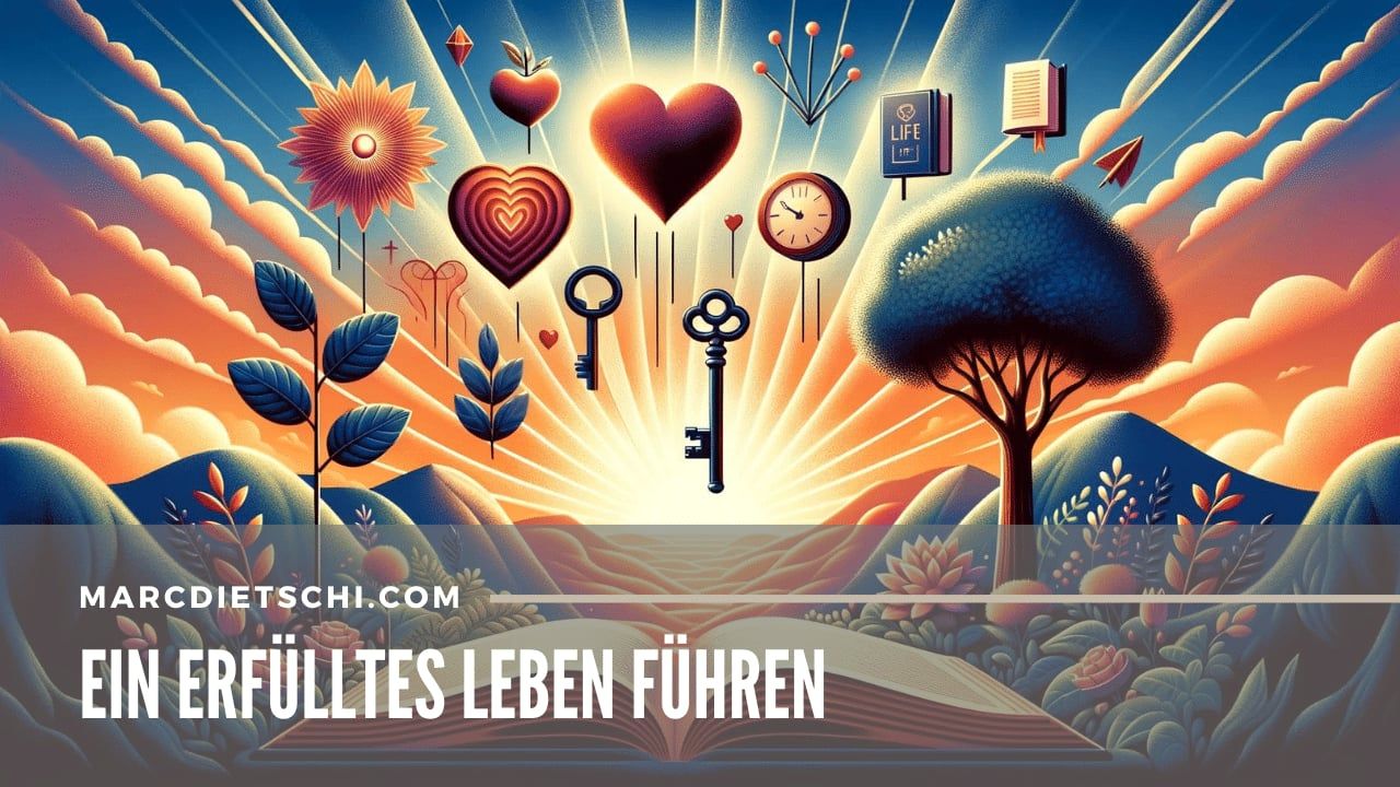 Sonnenuntergang über einer blühenden Landschaft mit Symbolen für ein erfülltes Leben, darunter ein Schlüssel, Herzen, ein offenes Buch und ein üppiger Baum