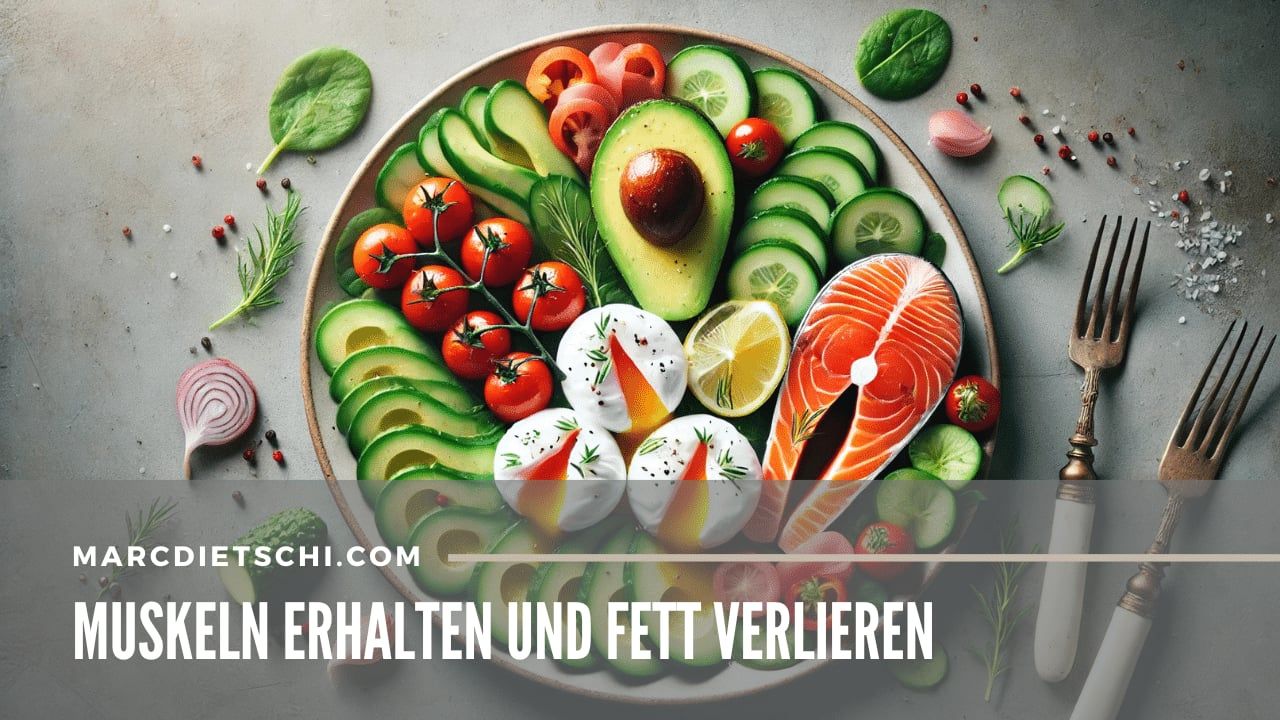 Ketogene Mahlzeit mit Avocado, Lachs und Eiern auf einem Teller.