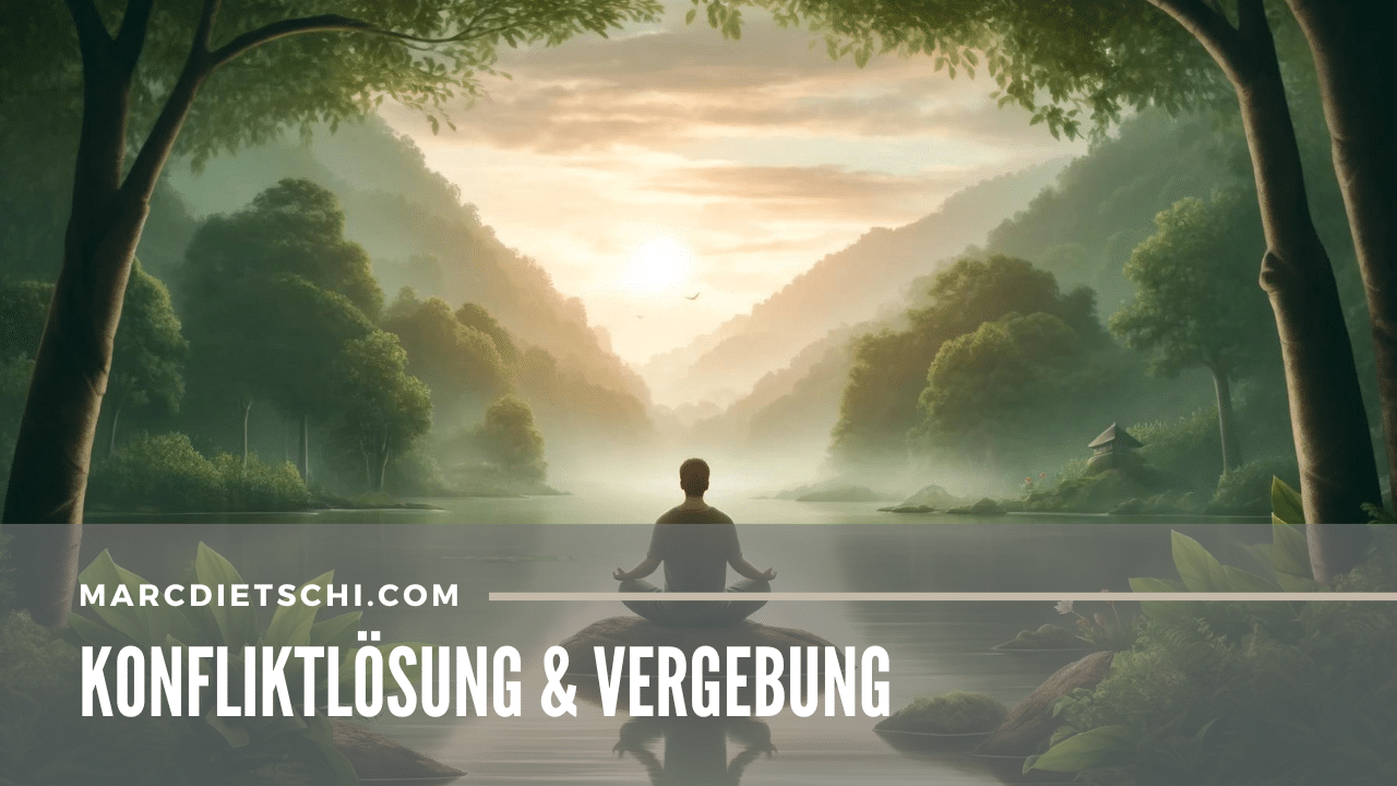 Mann in meditativer Haltung praktiziert Ho'oponopono am Ufer eines ruhigen Sees umgeben von grüner Natur bei Sonnenuntergang, symbolisiert Meditation, emotionale Heilung und Konfliktlösung.
