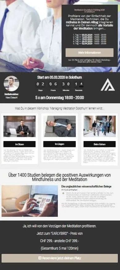 Beispiel einer meiner Landing-Pages aus dem Jahr 2020, gebaut mit dem ProfilBuilder-Plugin. Über diese Seite wurde ein Meditations-Workshop in Solothurn beworben.