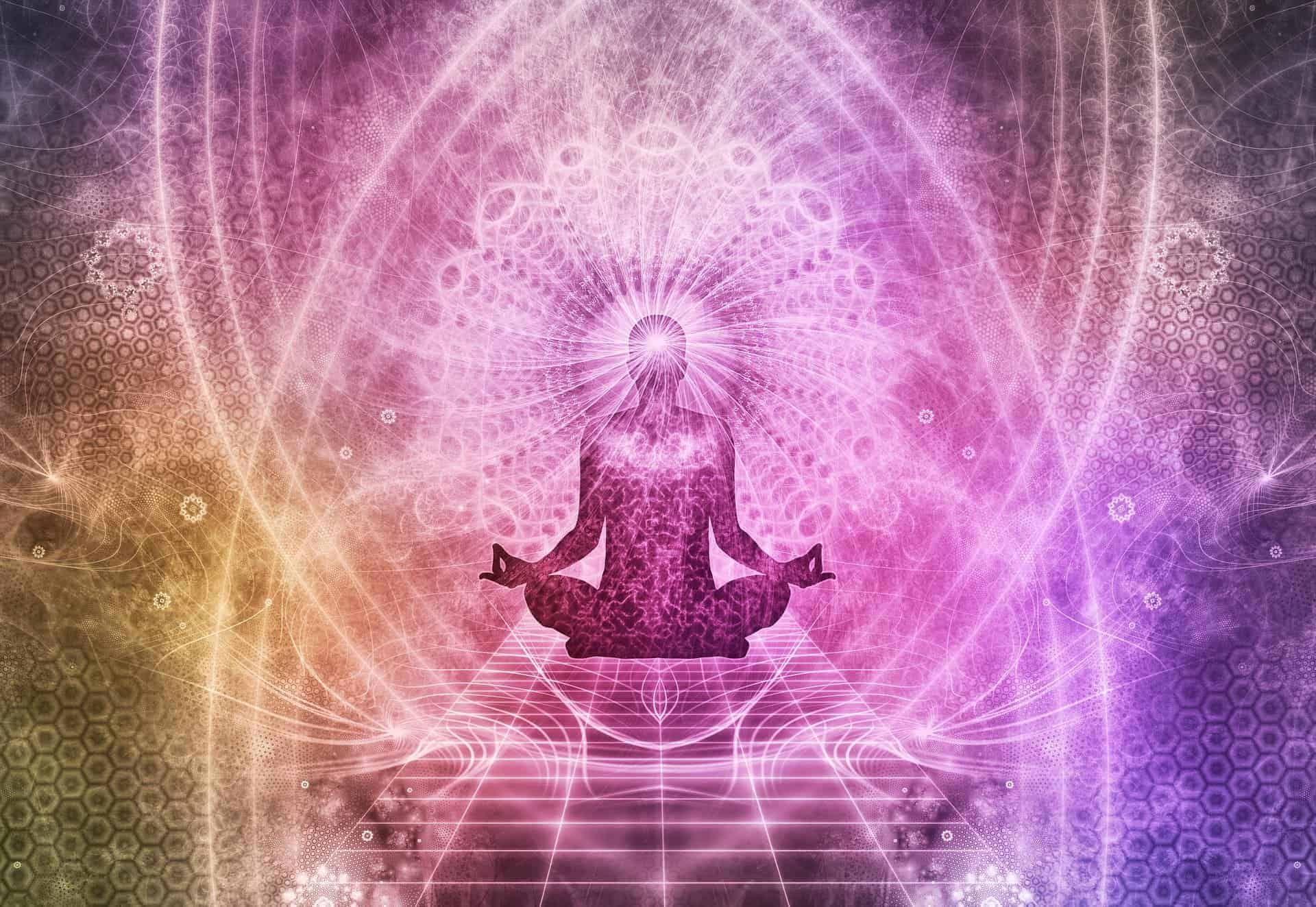 Eine Person in der Joe Dispenza Meditation, farblich illustriert.