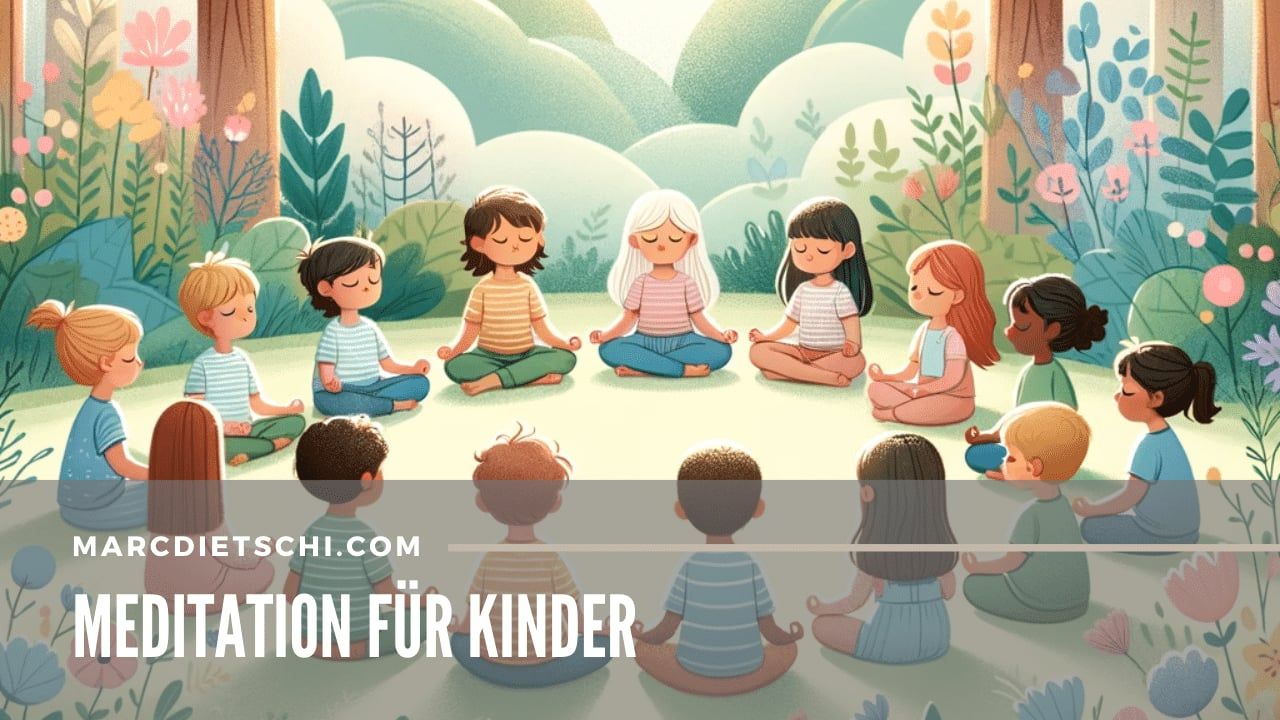 Kinder sitzen in einem Kreis und meditieren.