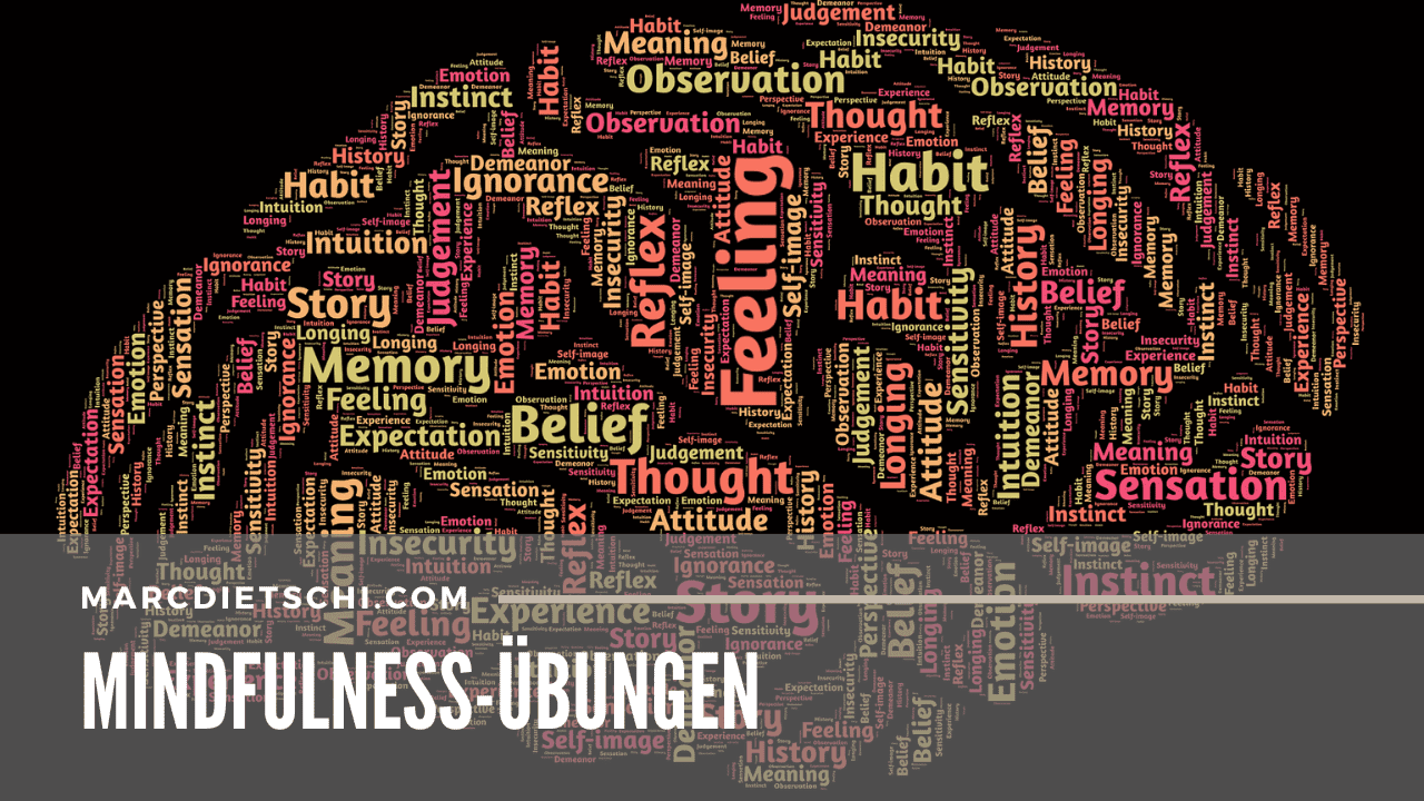 Ein Gehirn bestehend aus Begriffen, wie Mindfulness, Gefühle, Geschichte, Glaube usw.