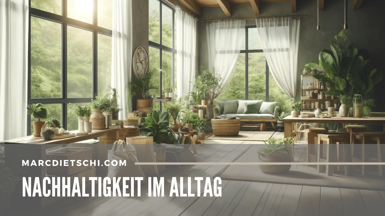 Gemütliches, umweltfreundliches Wohnzimmer mit natürlichem Licht, recycelten Möbeln, grünen Pflanzen und nachhaltigen Produkten, das eine ruhige und harmonische Atmosphäre ausstrahlt.