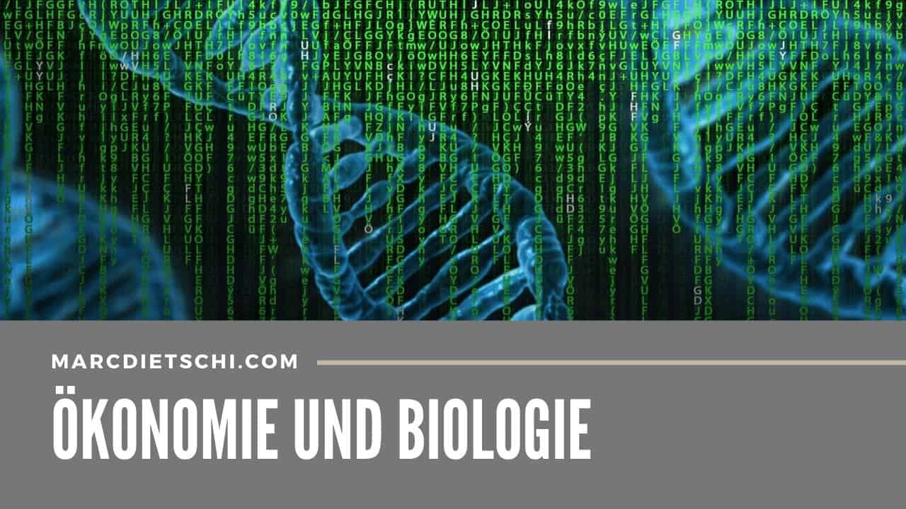 Blaue DNA-Strings kombiniert mit dem Matrix-Code in grün zeigt wie ähnlich die Ökonomie der Biologie ist.
