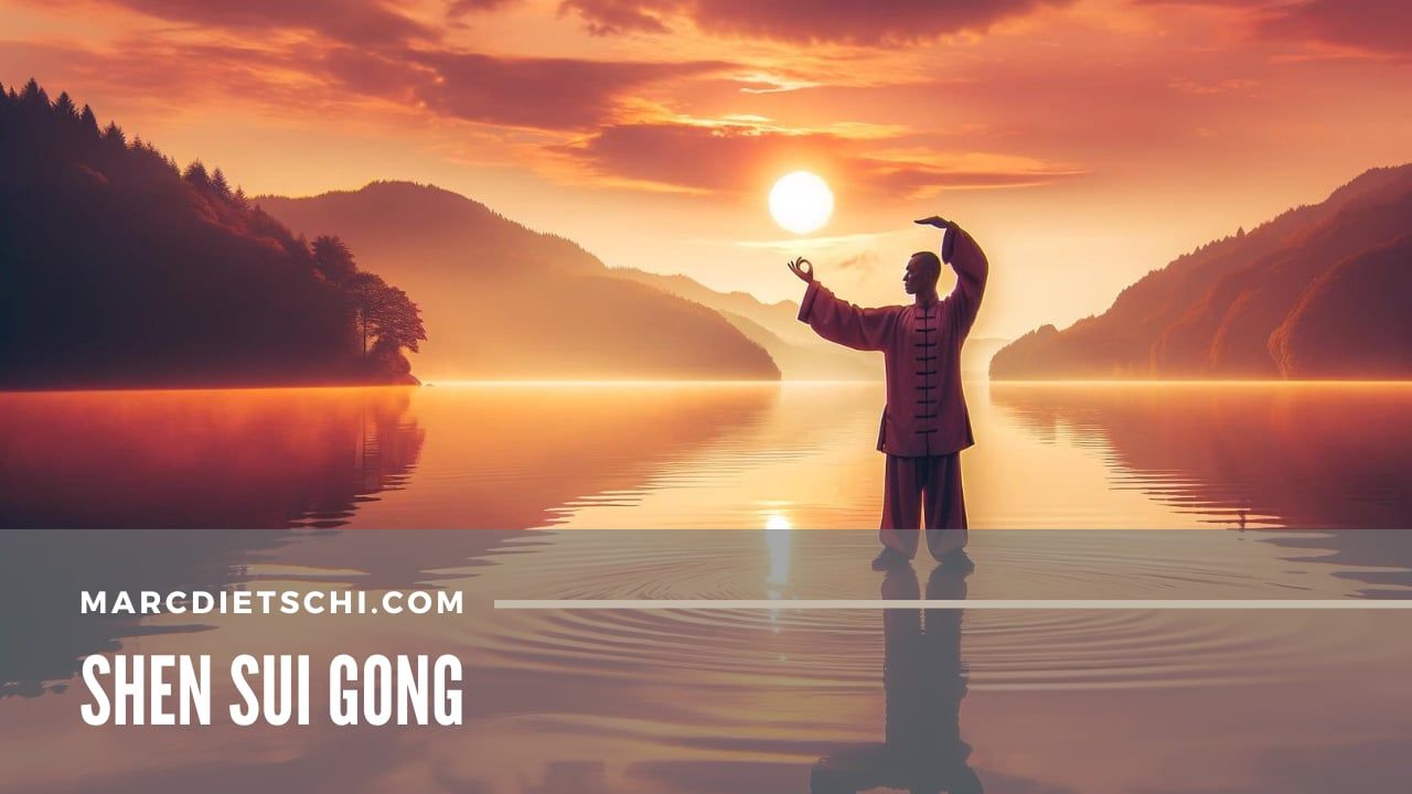 Stehende Person in Qigong-Haltung bei Sonnenaufgang am ruhigen Seeufer, umgeben von sanften Hügeln und vereinzelten Bäumen, symbolisiert Ruhe und Harmonie mit der Natur.