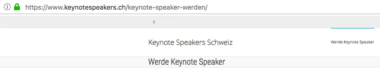 Suchmaschinenoptimierung einer WordPress-Seite: URL, Seitentitel und Name der Seite enthalten das Keyword. Der Screenshot stammt von meiner Webseite keynotespeakers.ch.