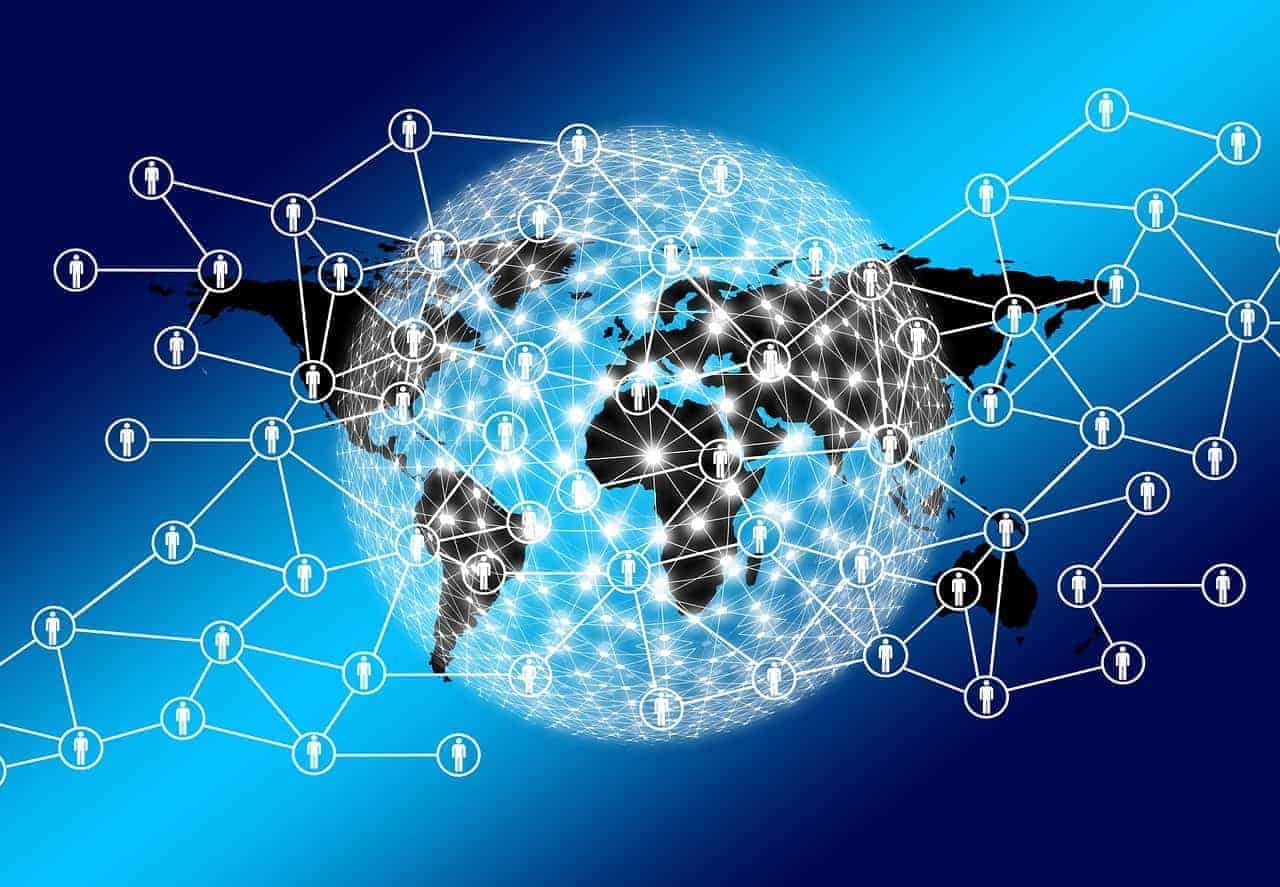 Die Erde als Netzwerk von Usern symbolisch dargestellt auf blauem Hintergrund. Es zeigt, wie über Social Media jede Person direkt oder indirekt mit allen anderen in Verbindung steht. Über dieses organische Netzwerk verbreiten sich virale Botschaften über Handlungen der jeweiligen User.