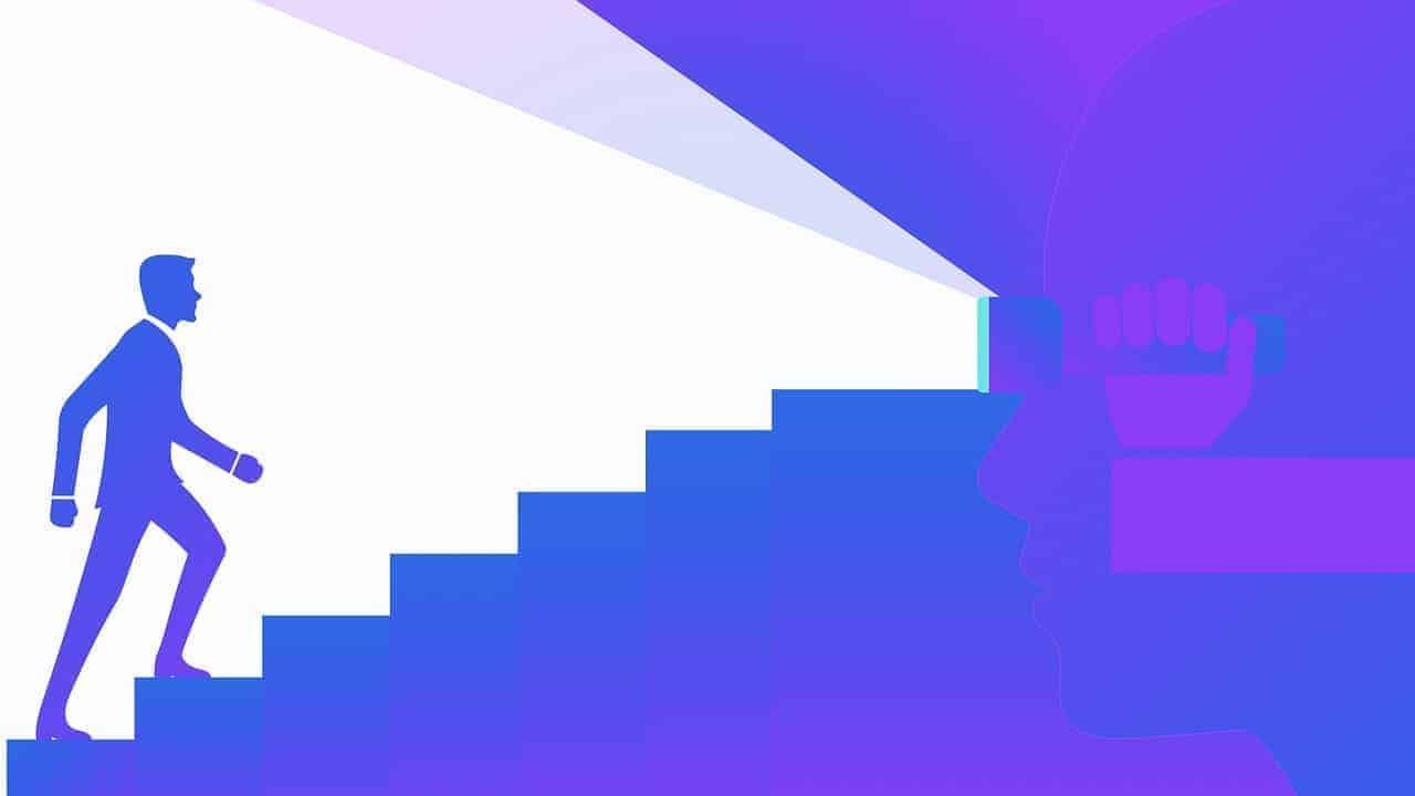 Eine Grafik eines Manner, der eine Treppe hoch steigt symbolisiert den Fokus auf das Mindset zum Fit werden.