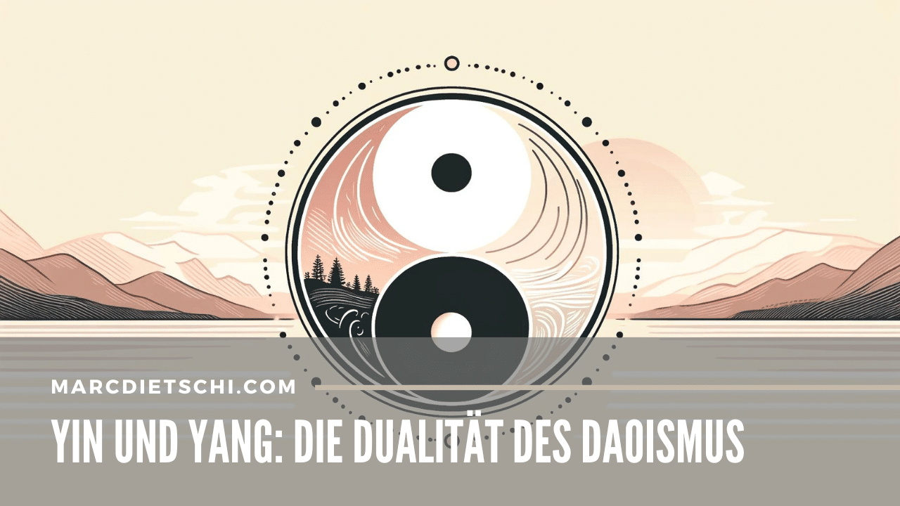 Yin-Yang-Symbol (Taijitu) auf einem harmonischen Hintergrund, der die Balance und Dualität von Yin und Yang im Daoismus darstellt.