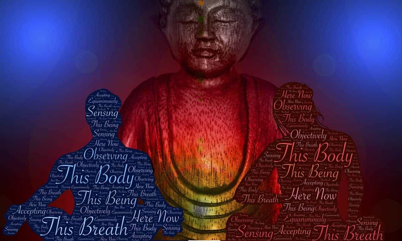 Vipassana Meditation bildlich dargestellt durch eine Buddha-Statue, einer männlichen und einer weiblichen Person, welche meditieren.