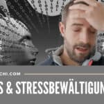 Stress und Stressbewältigung mit Marc Dietschi, welcher sich gestresst an den Kopf fasst. Im Hintergrund ist eine digitale Figur zu sehen.