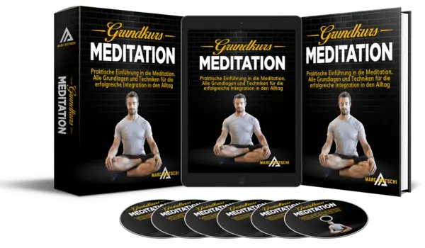Ein Werbebild für einen Meditationskurs, das verschiedene Meditationsmaterialien und -werkzeuge zeigt. Im Zentrum steht ein Laptop mit einem Bildschirm, der einen Meditationskurs anzeigt. Um den Laptop herum sind verschiedene Gegenstände arrangiert, die mit Meditation in Verbindung stehen, wie eine Meditationskugel, eine brennende Kerze, ein Notizbuch, ein Stift und entspannende Steine. Das Ganze ist auf einem ruhigen Hintergrund platziert, der eine entspannende und meditative Atmosphäre schafft. Das Bild kombiniert moderne Technologie mit traditionellen Meditationspraktiken, was den ganzheitlichen Ansatz des Kurses hervorhebt.