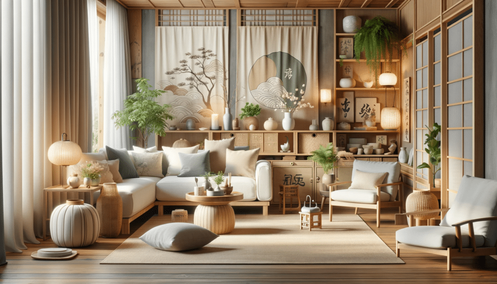 Ein Bild, das einen harmonisch gestalteten Wohnraum im Feng Shui-Stil zeigt. Die Szene umfasst eine ausgewogene Anordnung von Möbeln, den Einsatz von Pflanzen und natürlichen Elementen, sanfte und beruhigende Farben sowie eine ordentliche, uncluttered Umgebung. Der Raum wirkt einladend und friedlich, mit einem Fokus auf Einfachheit und Energiefluss, was die Prinzipien des Feng Shui für Harmonie und Wohlbefinden im Zuhause veranschaulicht.