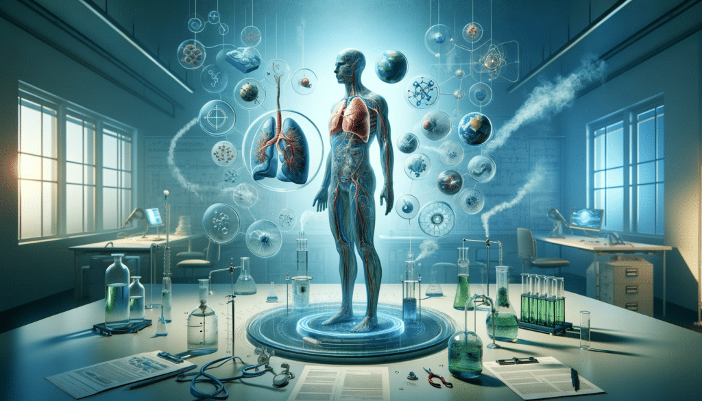 3D-Illustration eines menschlichen Körpers mit hervorgehobenen Organen und umgebenden molekularen Strukturen in einem modernen Labor.