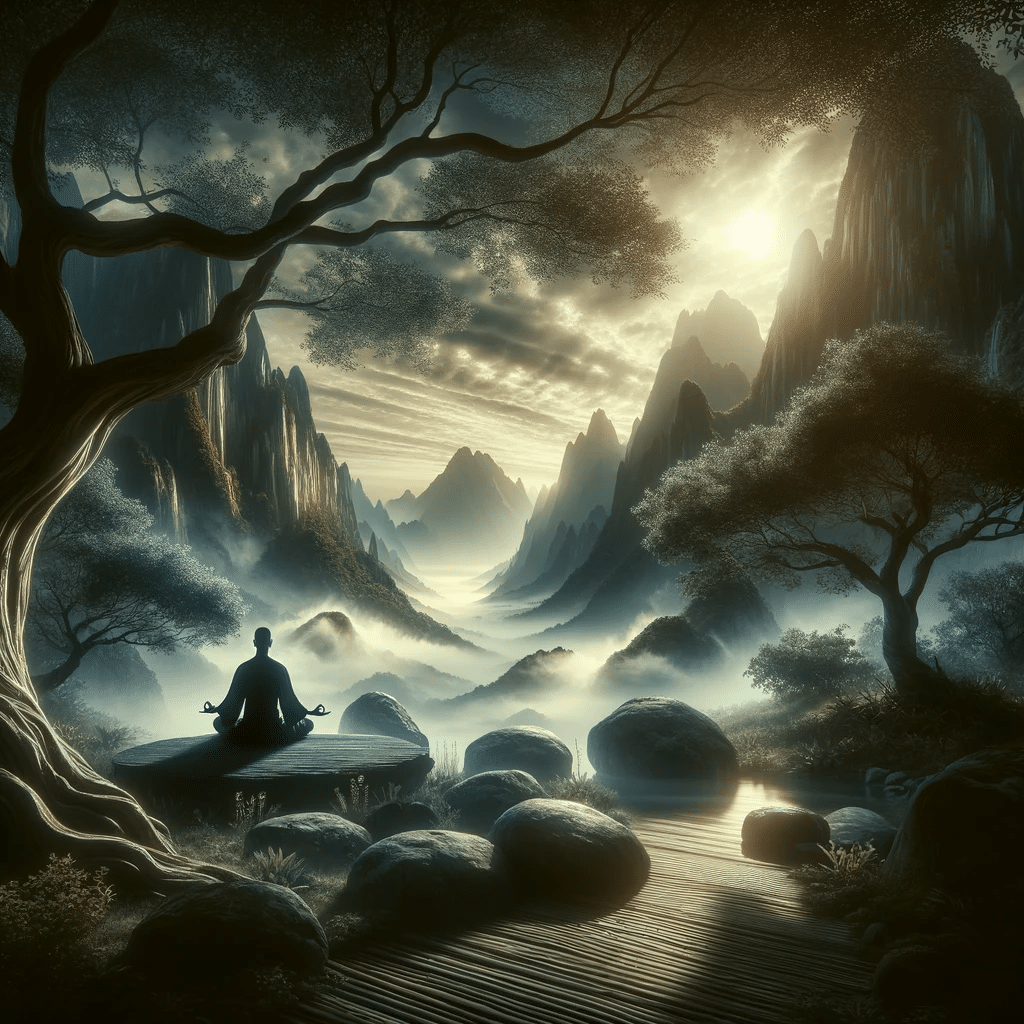 Ein ruhiges und mystisches Bild, das die Praxis der taoistischen Meditation darstellt, eine Reise zur inneren Harmonie und Weisheit. Die Szene zeigt eine Person in einem friedvollen, meditativen Zustand, möglicherweise sitzend in einer traditionellen Meditationshaltung oder inmitten einer natürlichen Umgebung, die mit der taoistischen Philosophie resoniert, wie eine Berglandschaft oder ein ruhiger Wald. Die Umgebung spiegelt ein tiefes Gefühl von Frieden und Verbindung mit der Natur wider, mit Elementen, die taoistische Konzepte wie Ausgewogenheit, Einfachheit und natürliche Schönheit symbolisieren. Das Bild vermittelt die Essenz einer spirituellen Reise, die Ruhe und Weisheit umarmt.