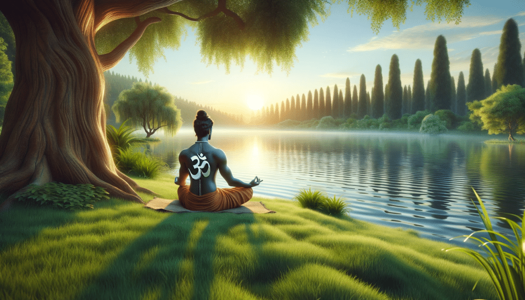 Ein Bild, das die Essenz der OM-Meditation einfängt: Eine Person indischer Abstammung sitzt in der Lotuspose auf einer grünen Wiese, umgeben von Natur. Sie wirkt friedlich und konzentriert mit geschlossenen Augen und Händen auf den Knien in einer meditativen Mudra. Im Hintergrund erzeugt das sanfte Morgenlicht eine warme Atmosphäre über einem ruhigen See, umrahmt von hohen, alten Bäumen und einem klaren blauen Himmel, was ein Gefühl von Harmonie und innerem Frieden vermittelt.